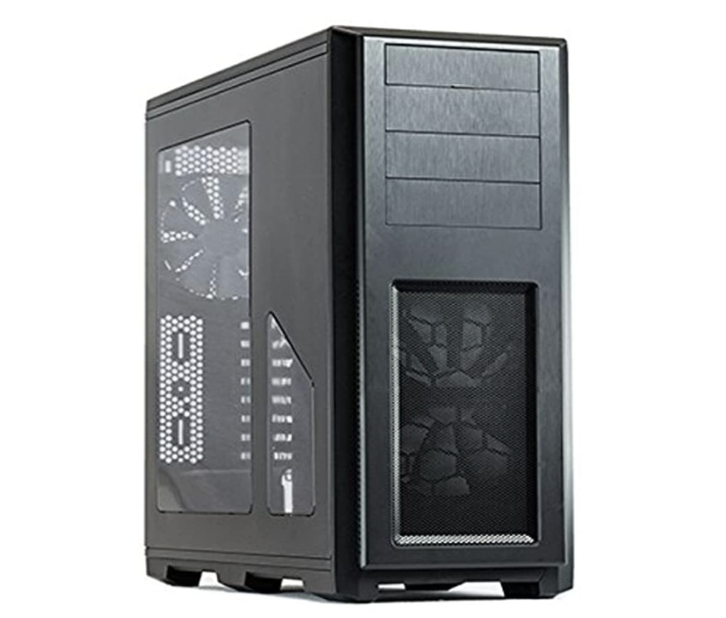 Phanteks Enthoo Pro product image of a black PC with a clear panel on the side.