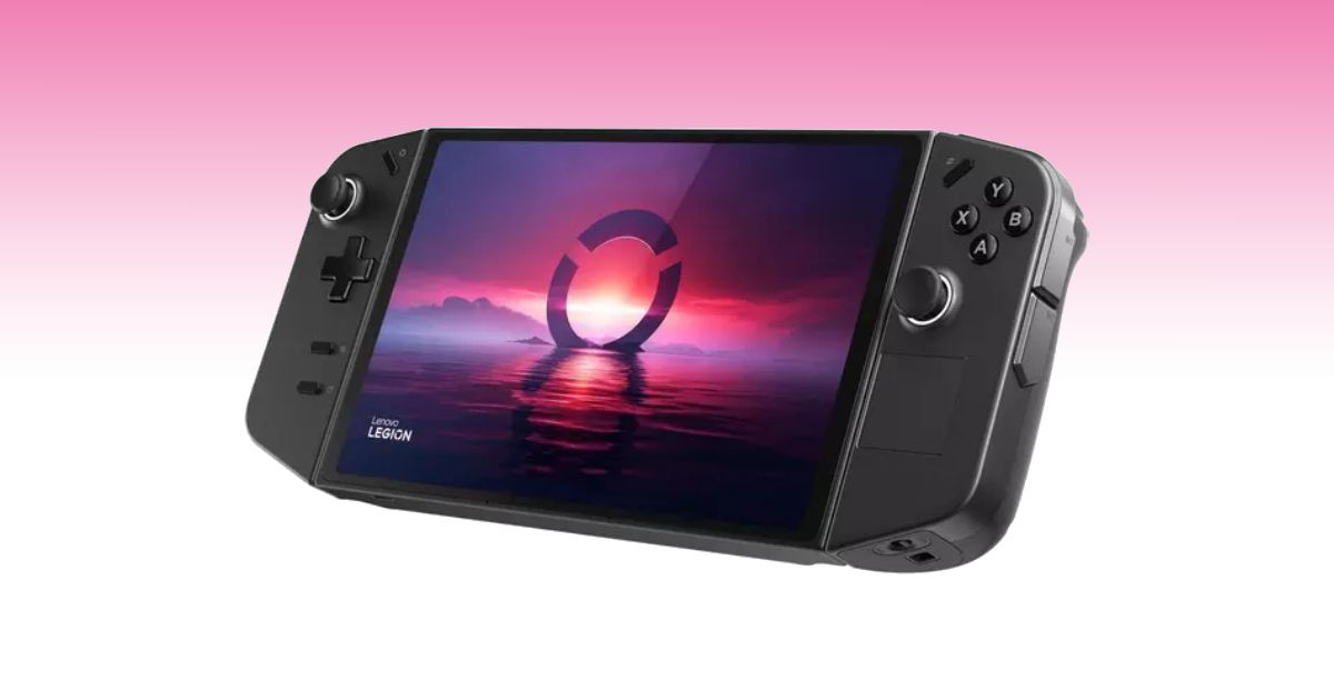 A black handheld gaming console with an image of a pink and purple sunset on the display.