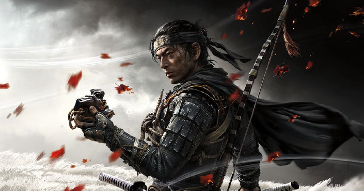 Jin Sakai holding his Ghost of Tsushima mask in key art for the game