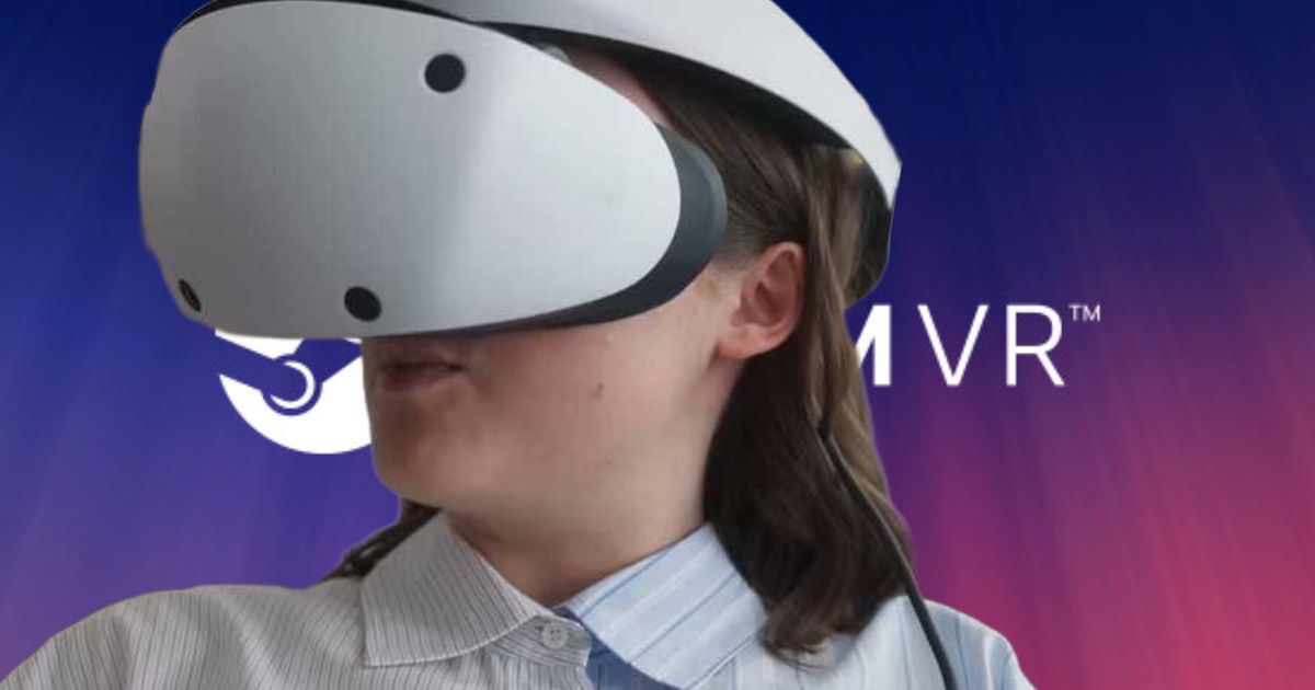Bella Ramsay wearing a PSVR 2 headset on a SteamVR background 
