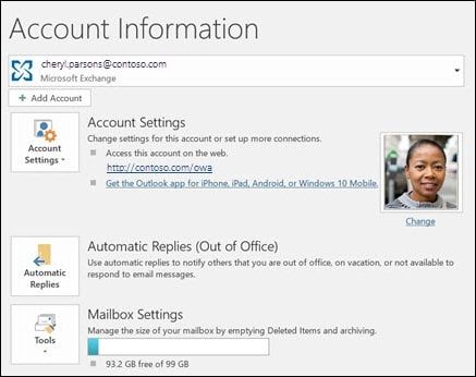 A screenshot of the Account Information window in Microsoft Outlook.