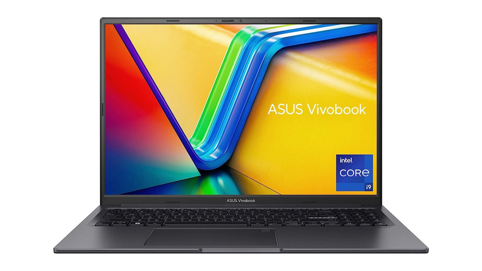 ASUS Vivobook 16X product image of a black laptop with a yellow, blue, green, and red pattern on the display.