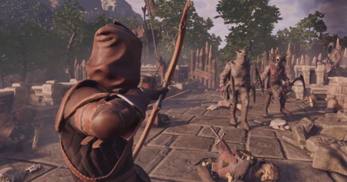 The Enshrouded player character aiming a bow at two creatures raiding their base 