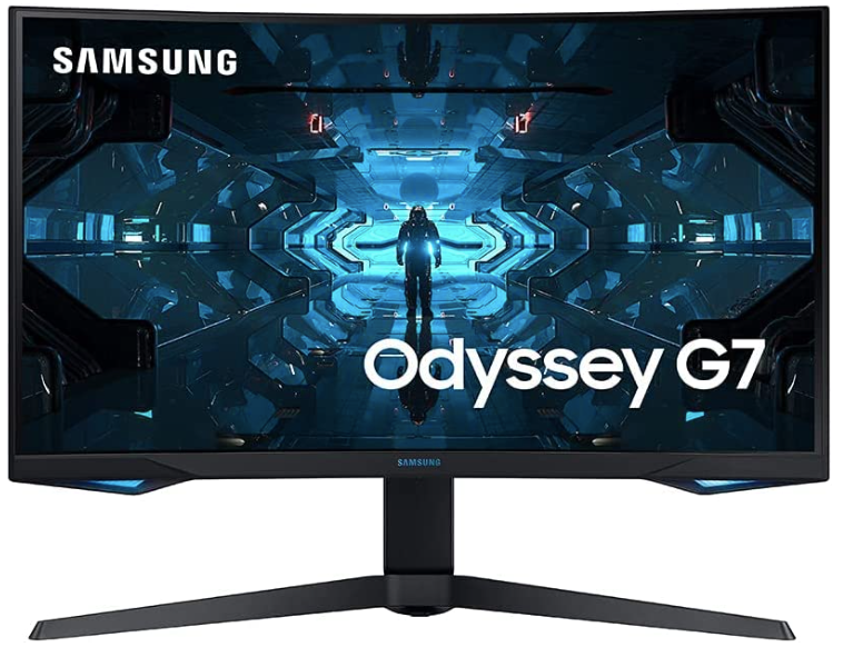 Samsung Odyssey G7 Series product image of a black monitor with a character walking through a Sci-Fi hallway towards a blue light on the display.