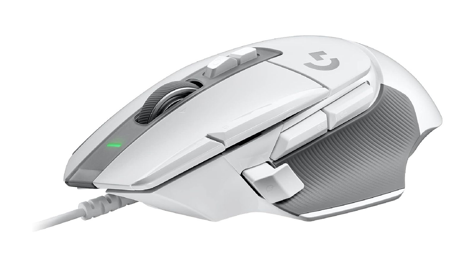 Logitech G502 X product image of a white wired mouse featuring grey details and Logitech branding.