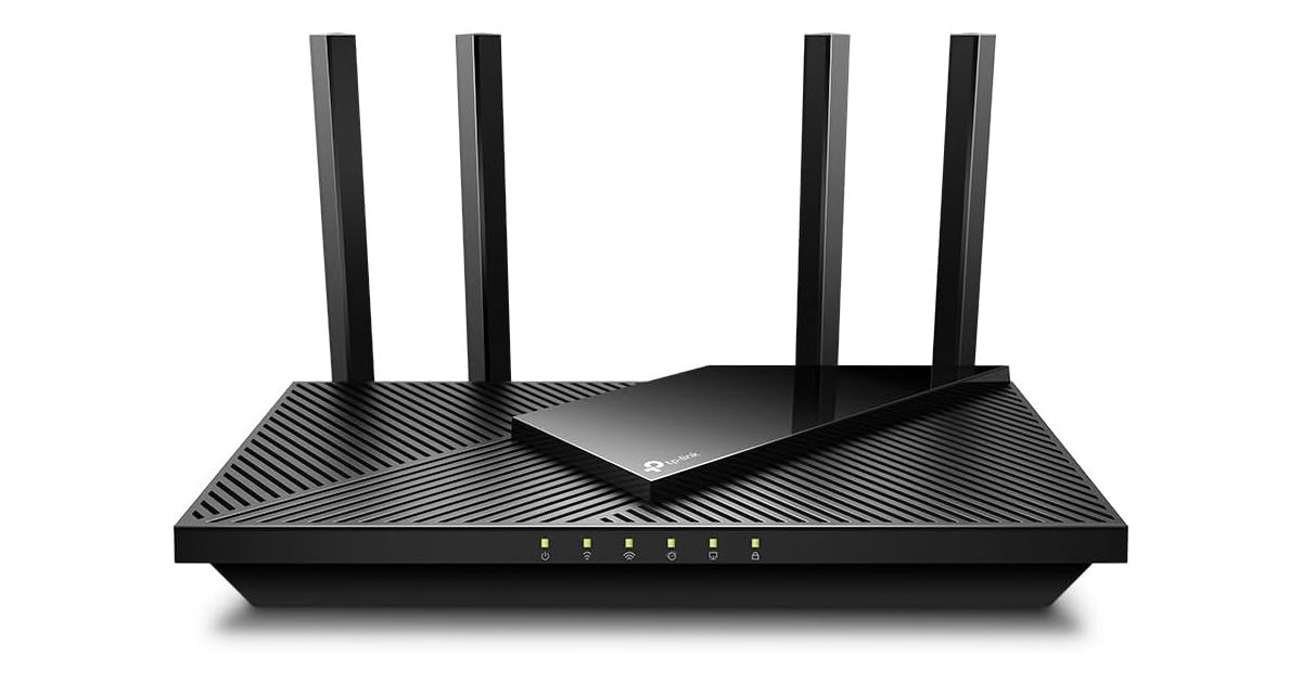 TP-Link Archer AX21 product image of a black WiFi router featuring four antennae coming out the back.