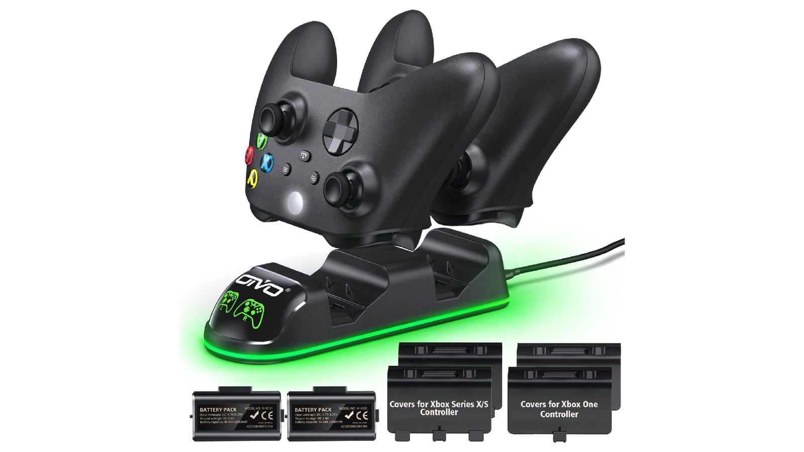 OIVO XSX product image of two Xbox controllers being placed into a black, wired charging stand featuring green lighting.