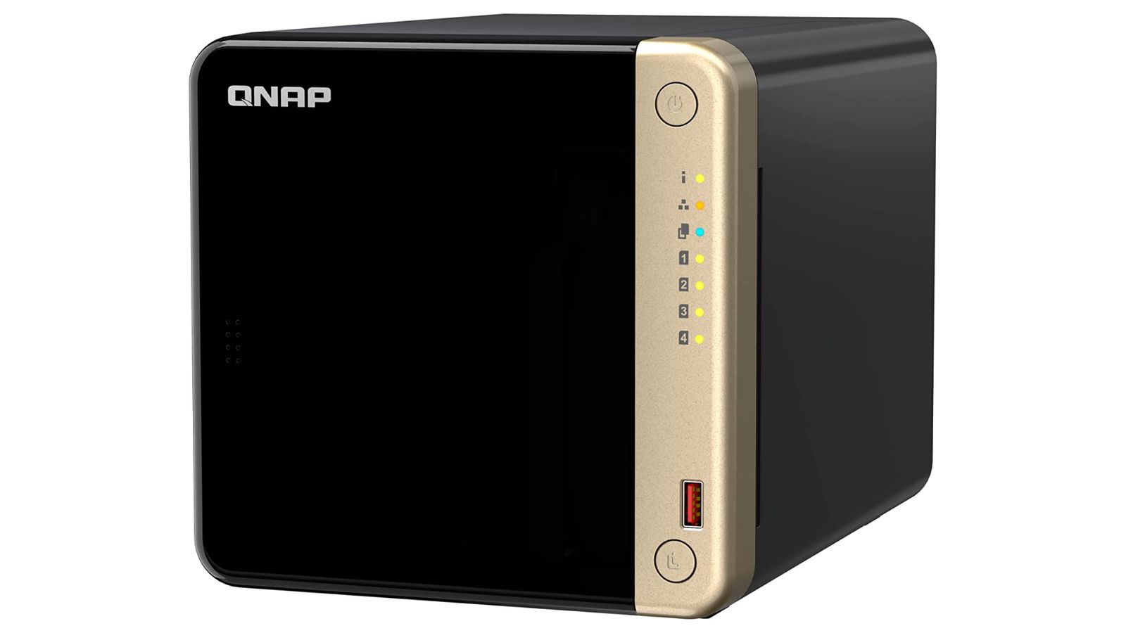 QNAP TS-464 product image with a golden side strip on a gloss black front panel with a red USB input in the bottom-right.