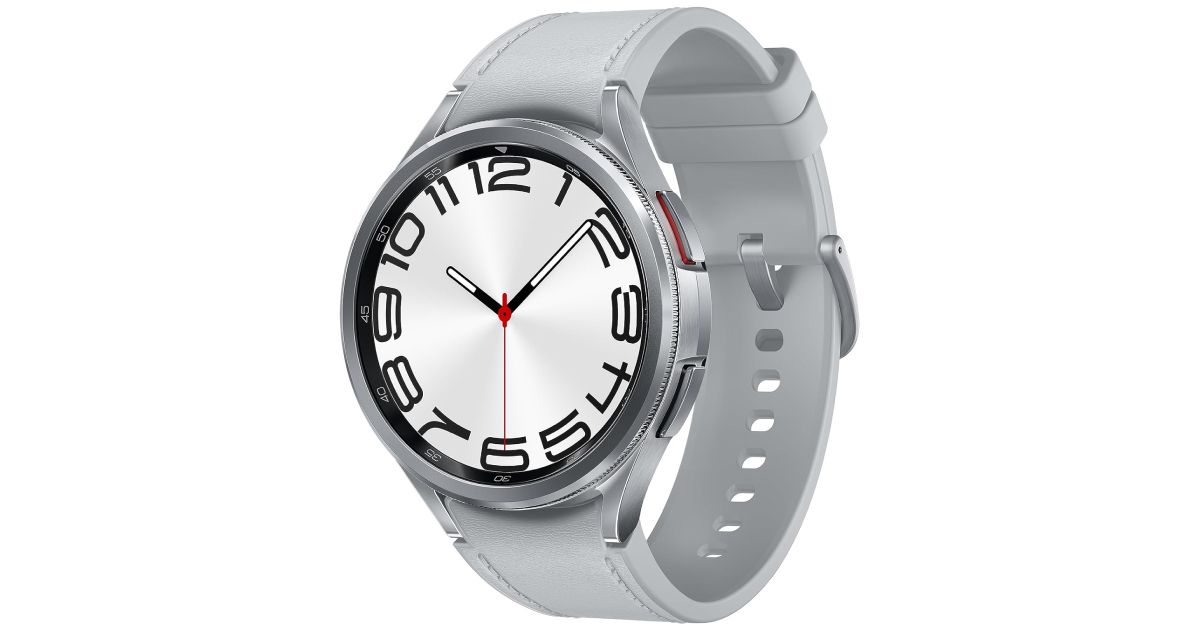 Samsung Galaxy Watch 6 Classic product image of a silver smartwatch with black and red dials.