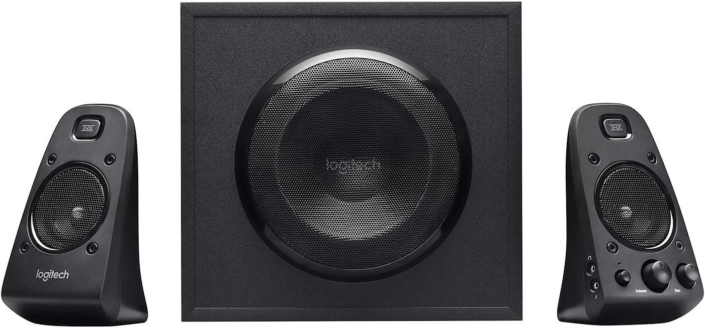 Logitech Z623 400 product image of black speakers either side of a subwoofer.