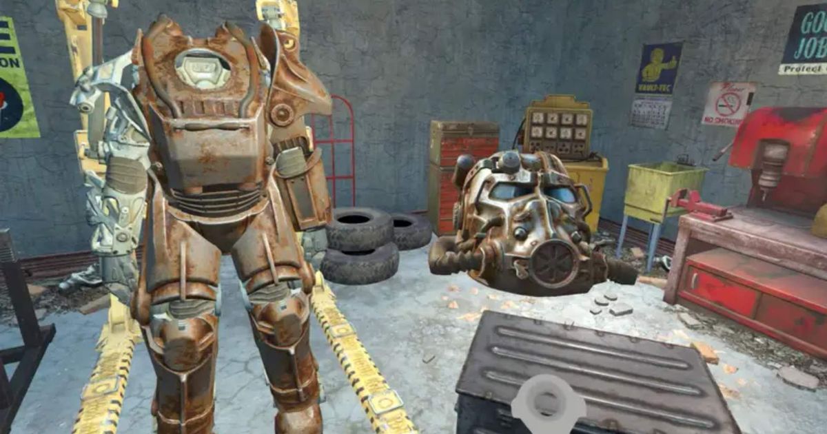 a man in a rusty armor is standing in a garage next to a helmet in fallout 4 vr