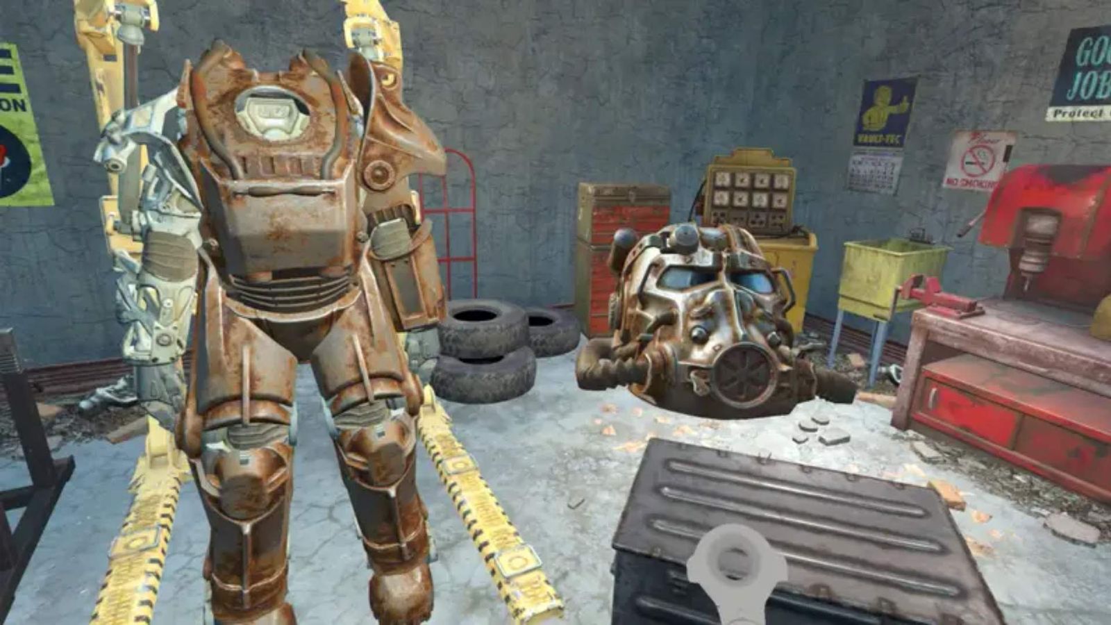 a man in a rusty armor is standing in a garage next to a helmet in fallout 4 vr