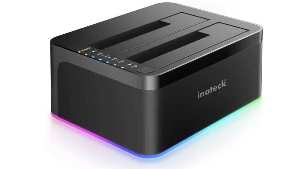 Inateck product image of a black hard drive with pink and blue lights underneath.