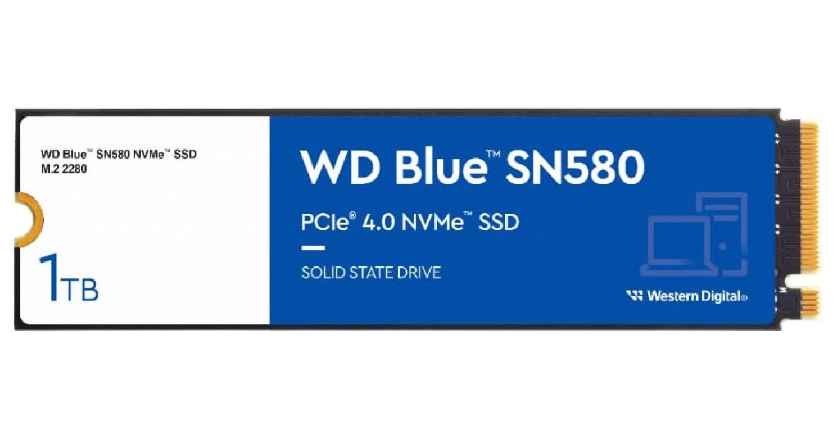 Western Digital Blue SN570 product image of a black rectangular SSD with white and blue branding on top.