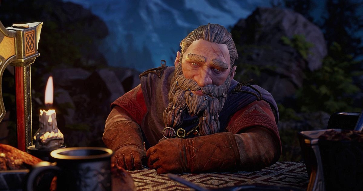 Dwarf sits at a table facing the camera
