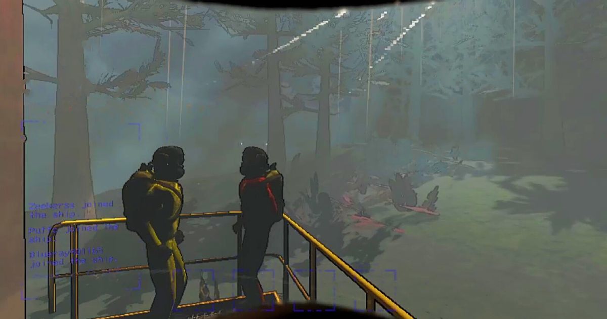 Lethal Company - two men in yellow and red spacesuits stand next to a yellow railing, with a forest in the background