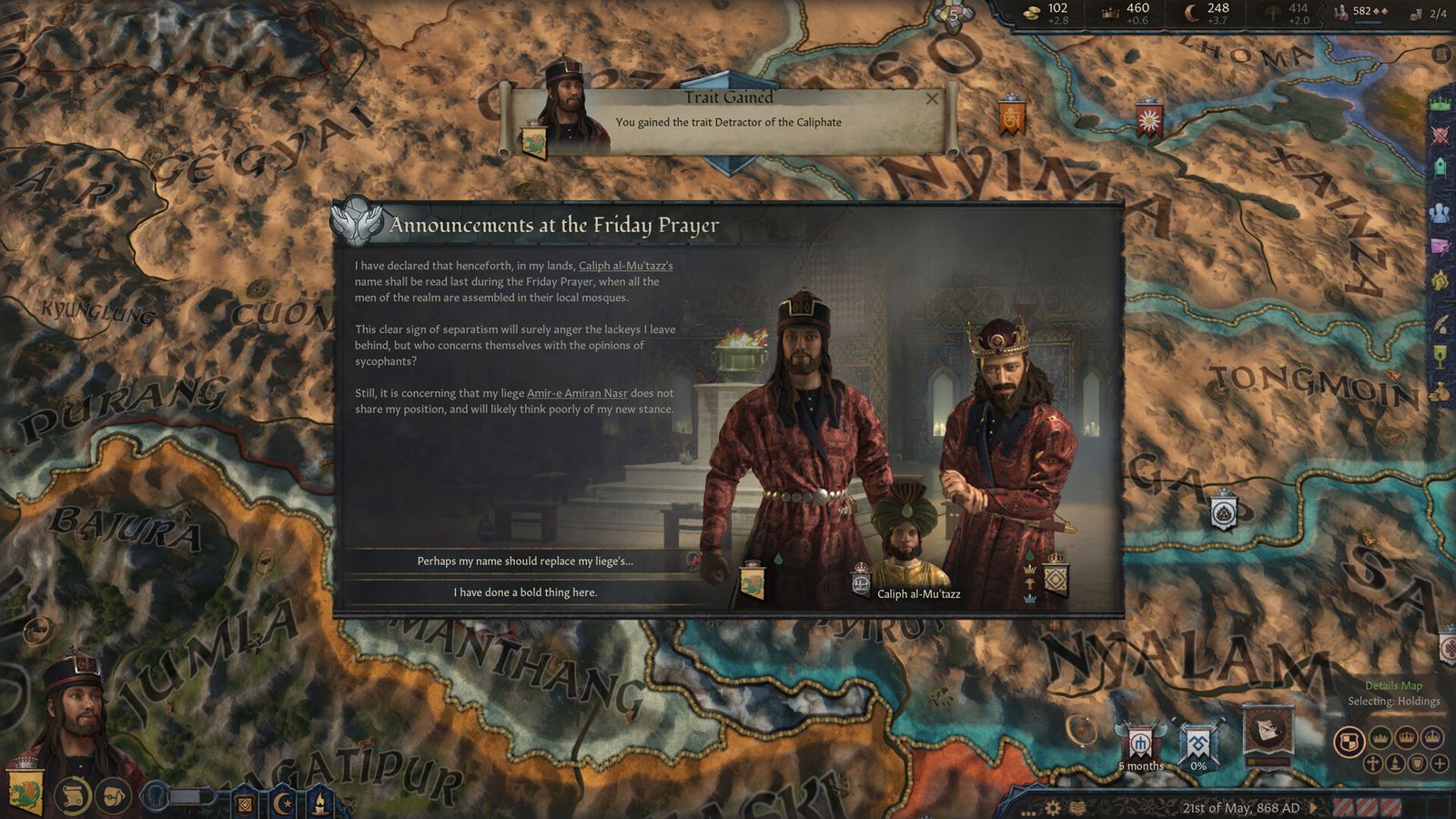 Screenshot from Crusader Kings 3 Legacy of Persia showing one of the new religious mechanics.