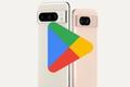 Google Play Store logo in front of the Pixel 8 smartphones