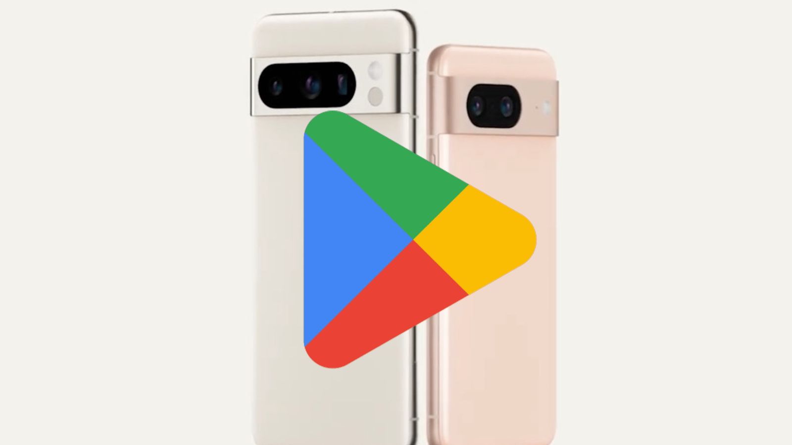 Google Play Store logo in front of the Pixel 8 smartphones