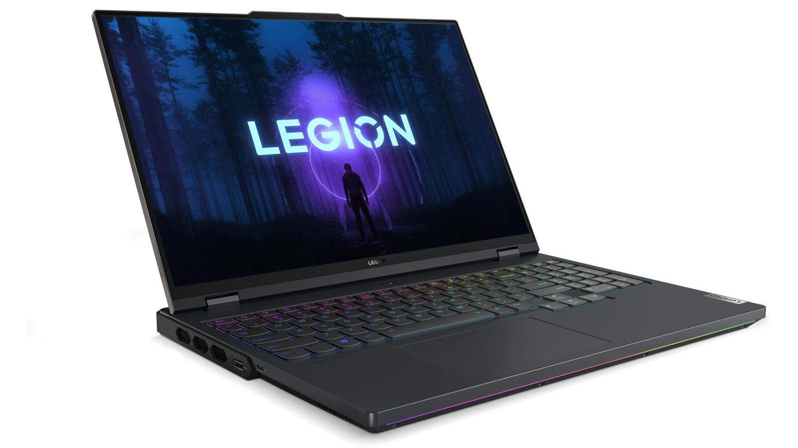 Best Lenovo gaming laptop - Lenovo Legion 7i product image of a black laptop with Legion branding on the display in front of a dark forest scene in the background,