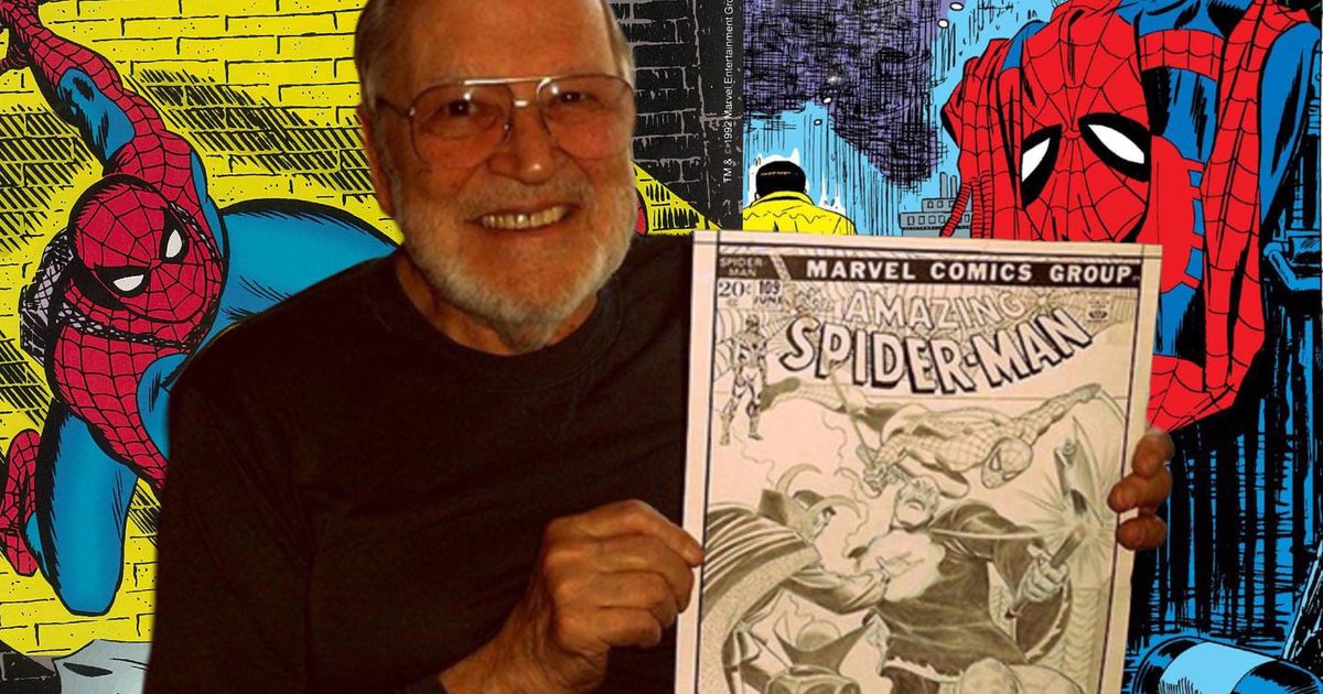An image of John Romita Sr holding up his Spider-Man artwork on a background of the iconic Spider-Man No More artwork