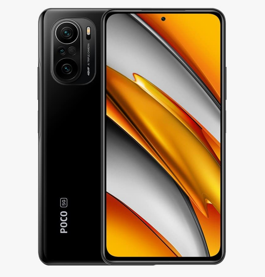 Xiaomi Poco F3 product image of an all-black phone with an orange and grey pattern on the display.