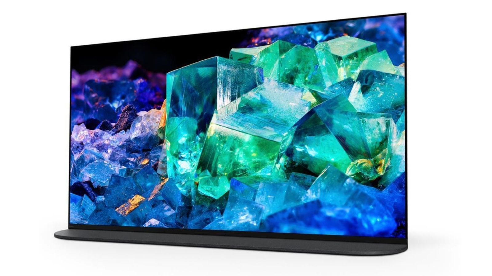Best TV brands - Sony A95K product image of a black TV featuring a turquoise and blue crystals on the display.