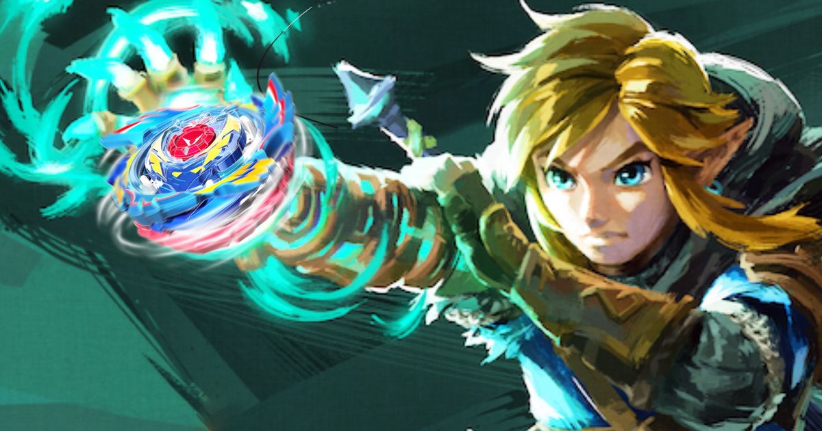 Link from The Legend of Zelda: Tears of the Kingdom ripping a Beyblade with his Ultrahand 