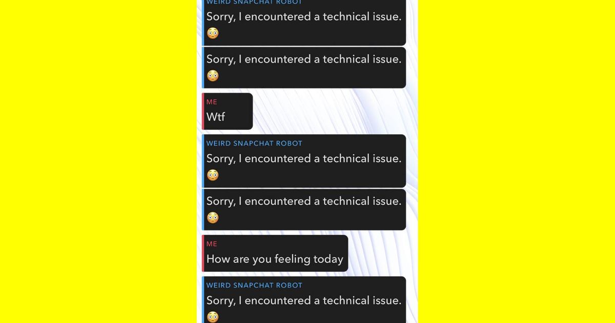 A screenshot of chat that says "Sorry, Snapchat AI encountered a technical issue."