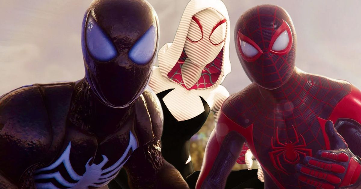 Peter Parker and Miles Morales from marvel’s Spider-Man 2 with an edited Spider-Gwen between them