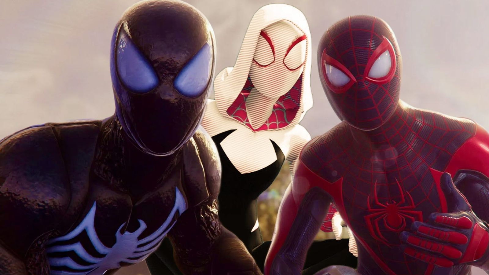 Peter Parker and Miles Morales from marvel’s Spider-Man 2 with an edited Spider-Gwen between them