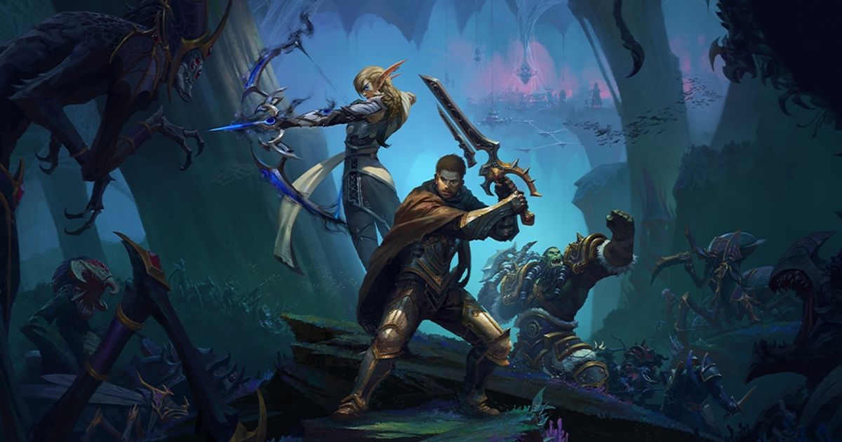 World of Warcraft players holding weapons with spooky forest in background