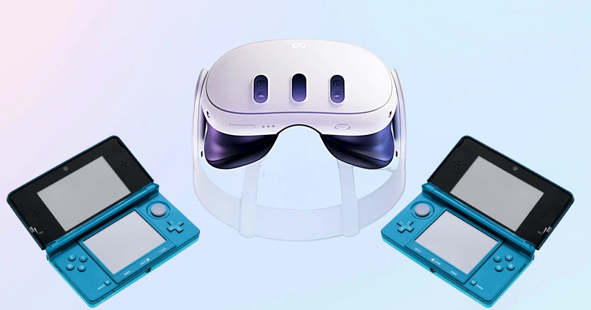 Meta Quest 3 headset with two 3DS consoles next to it