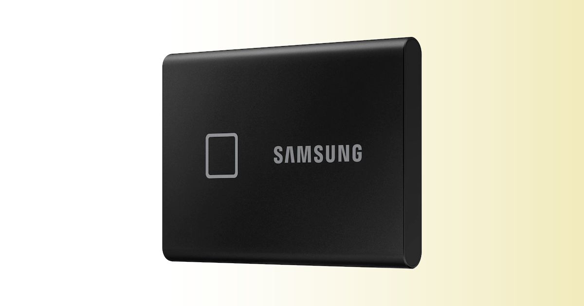 A black SSD with grey Samsung branding on the front and a matching square next to it.