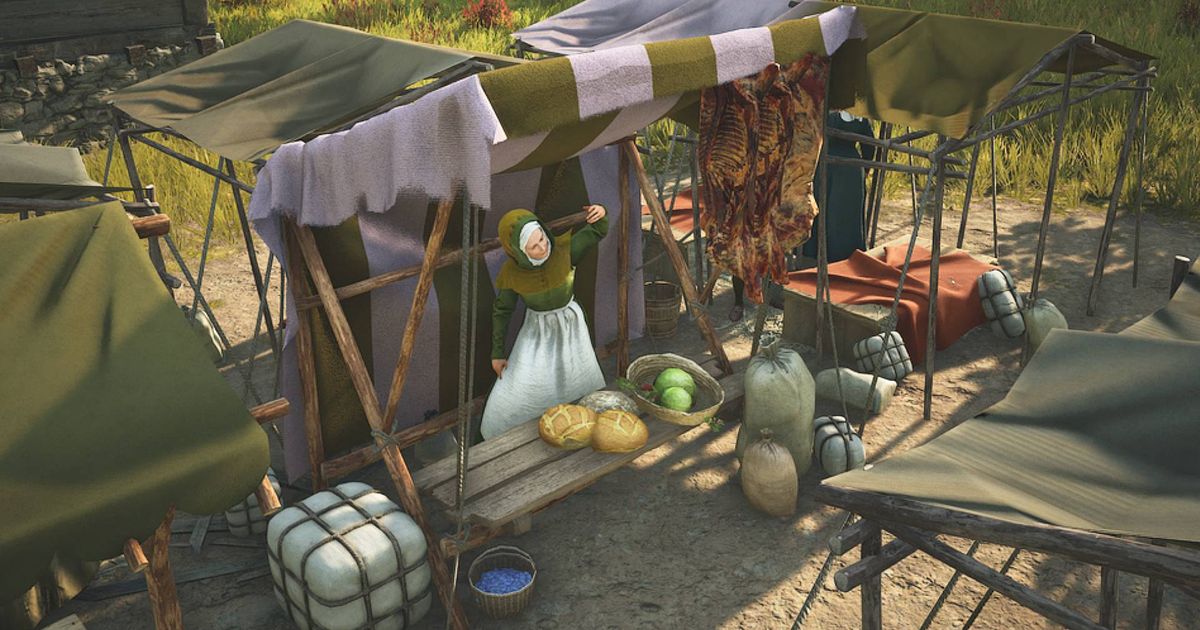A food stall in Manor Lords, with a merchant raising their hand to beckon customers.