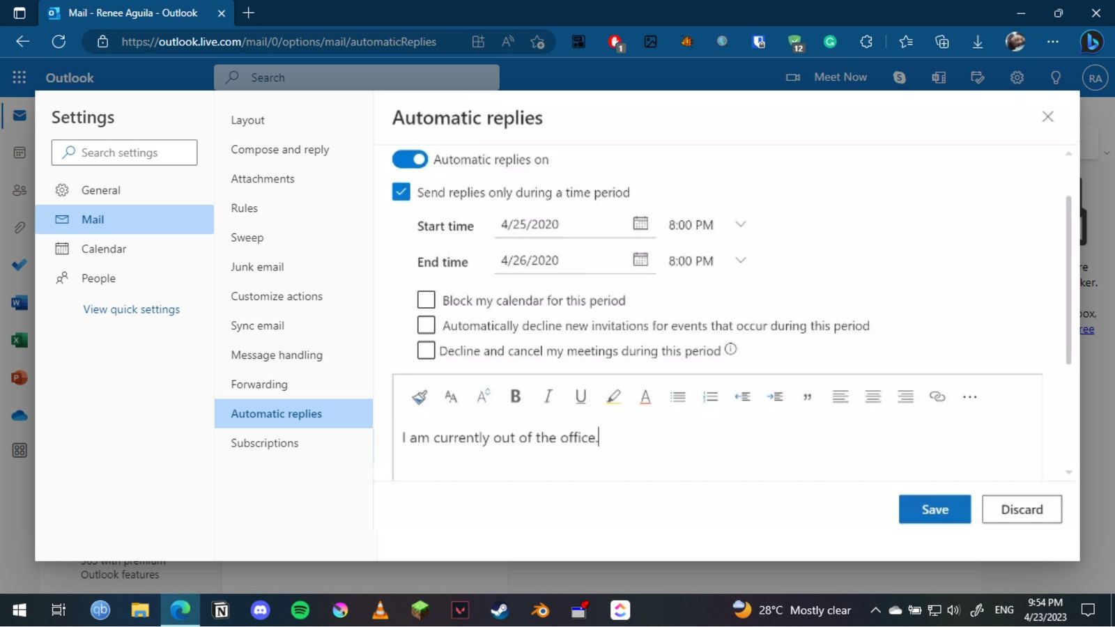 A screenshot of the Automatic Replies tab in Microsoft Outlook. 