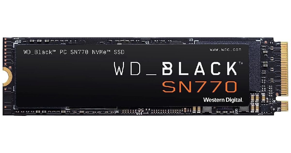 Western Digital Black SN770 product image of a black SSD featuring white and orange on top.