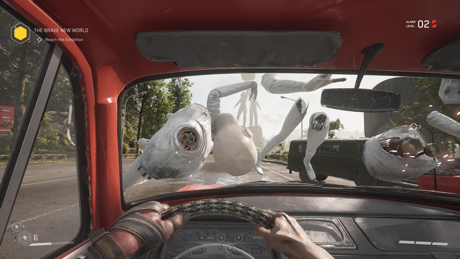 Atomic Heart review driving across the road, hitting a robot. 