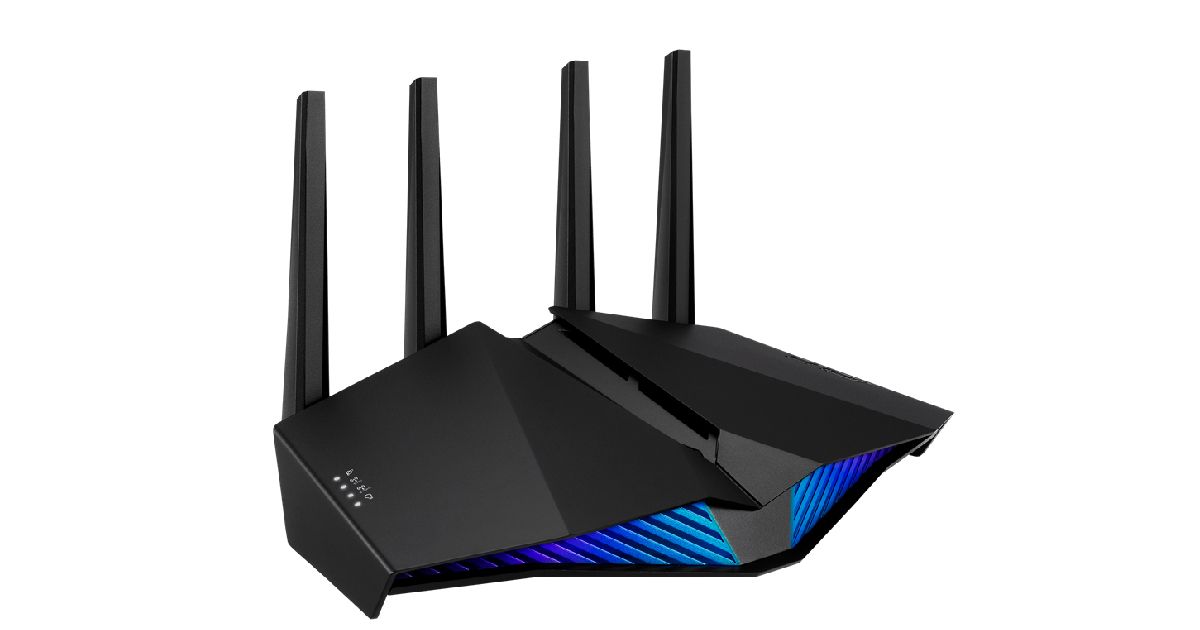 ASUS RT-AX82U product image of a black WiFi router featuring blue lighting and four antennae out the back.
