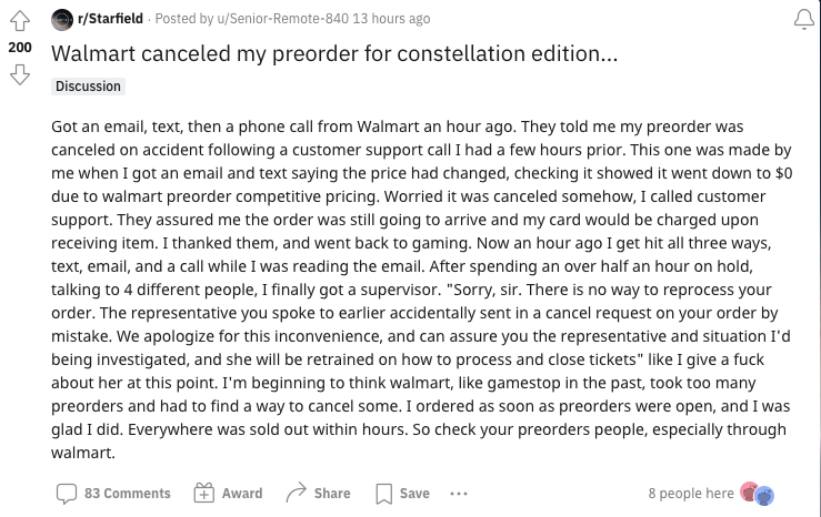 A user on Reddit complains about their copy of Starfield getting canceled. 