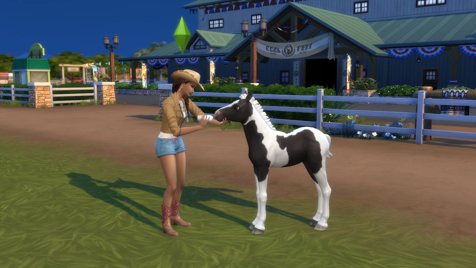 The Sims 4 Horse Ranch DLC feeding a foal