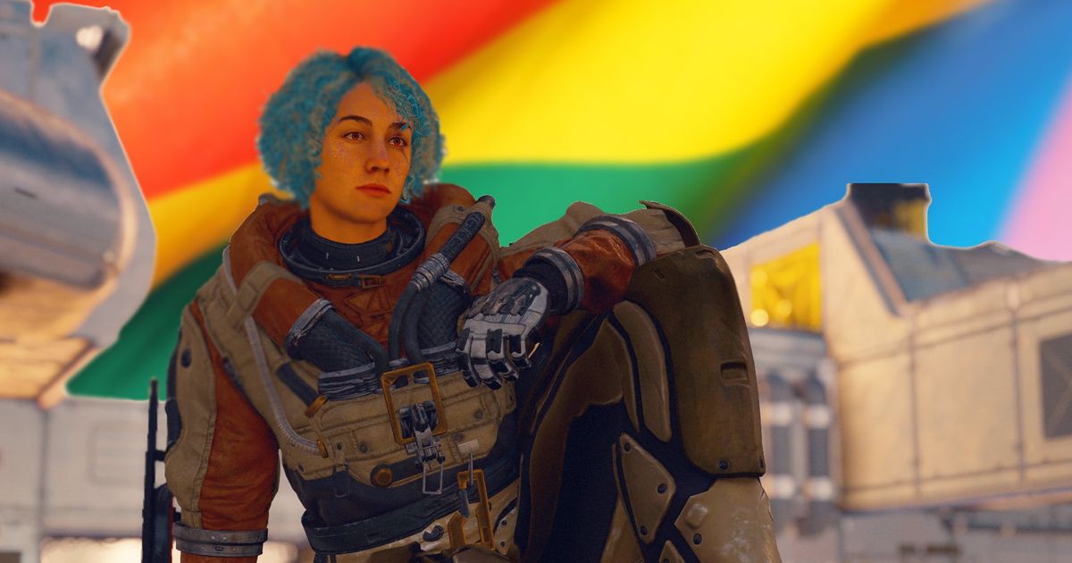 The Starfield protagonist sitting against an LGBTQ+ flag 