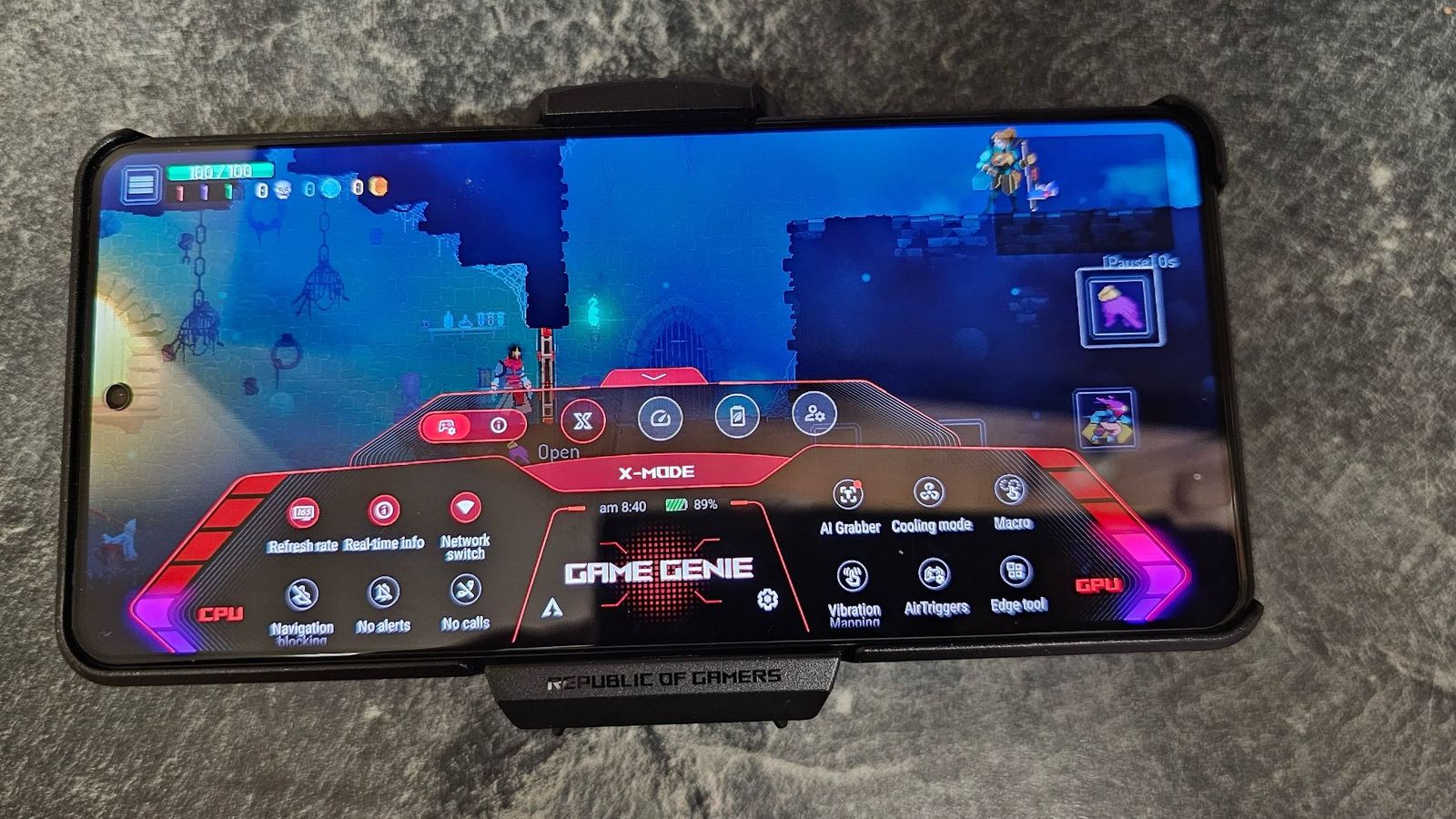 Game Genie pop up menu on ASUS ROG Phone 8 showing X Mode active