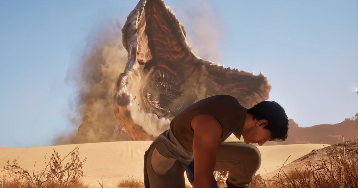 Dune Awakening player standing in front of monster in background