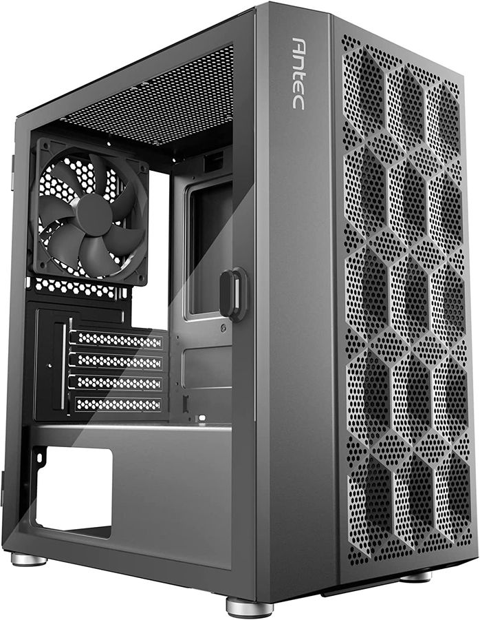 Antec NX200 M product image of a grey PC case with a mesh front and clear side.