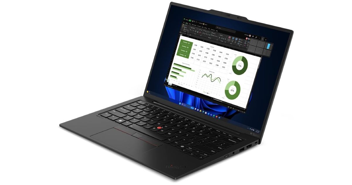 Lenovo ThinkPad X1 Carbon product image of an open black laptop with green graphs on a white background on the display.