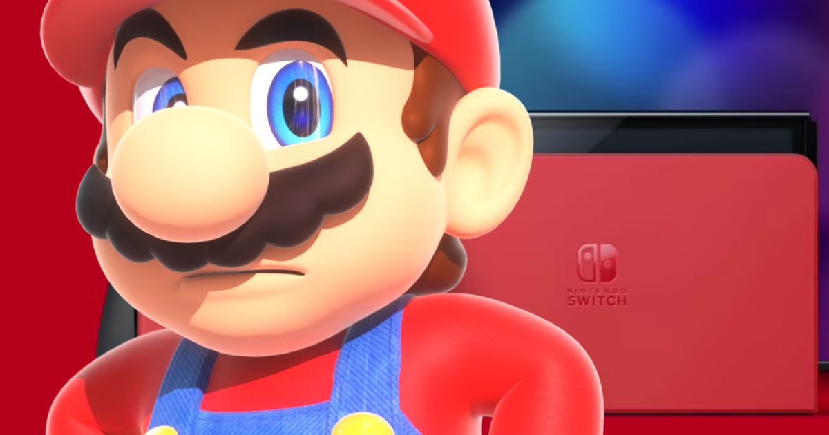 Mario looking sternly next to the red Nintendo Switch OLED