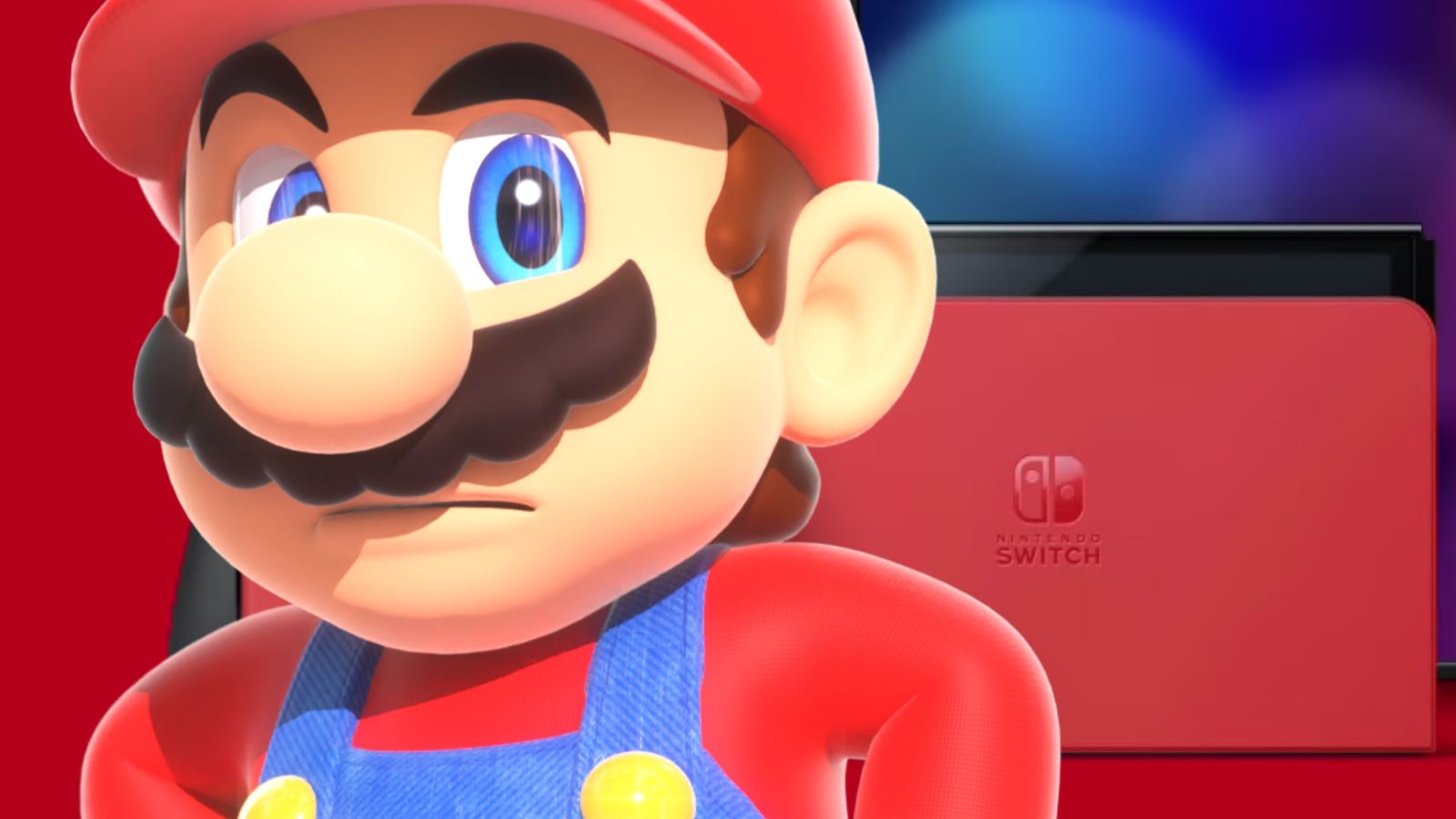 mario in front of nintendo switch looking concerned