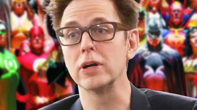 DC Universe lead James Gunn on top of an image of superheroes from the D.C. universe