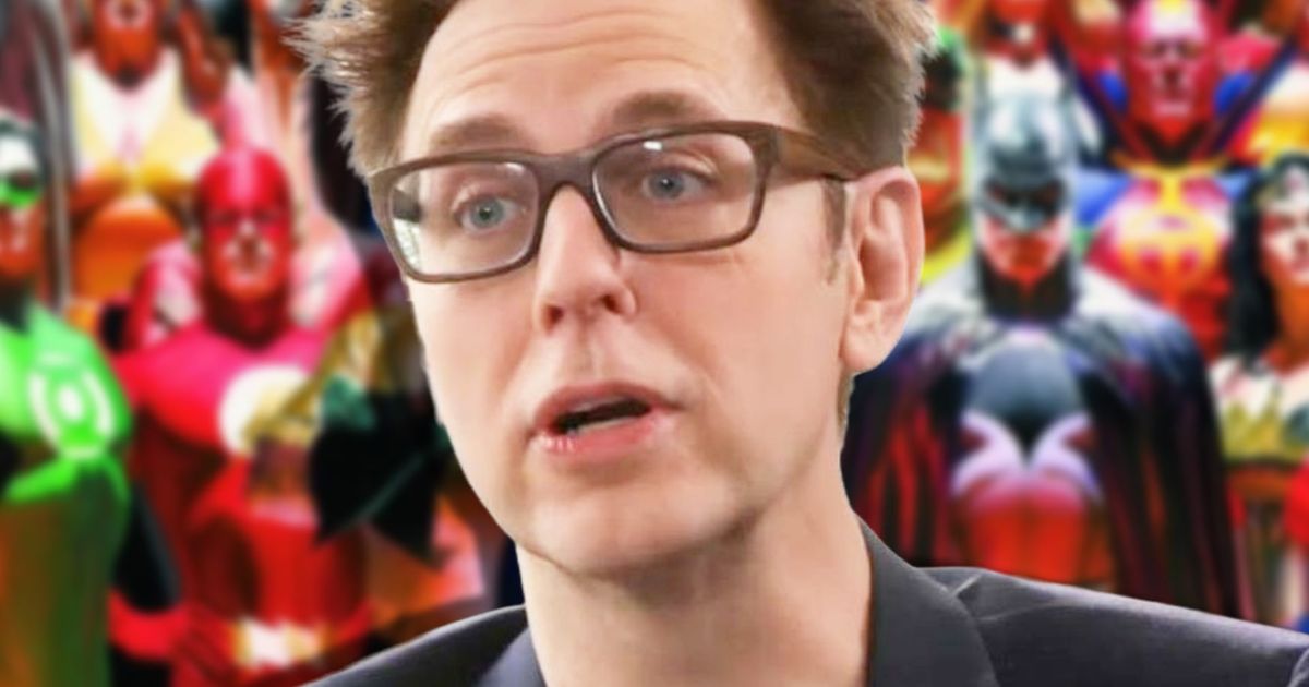 DC Universe lead James Gunn on top of an image of superheroes from the D.C. universe
